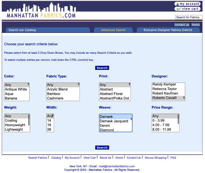 manhattanfabrics.com search screenshot